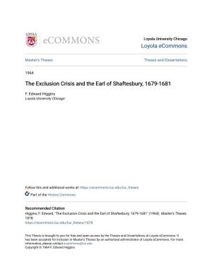 The Exclusion Crisis and the Earl of Shaftesbury, 1679-1681