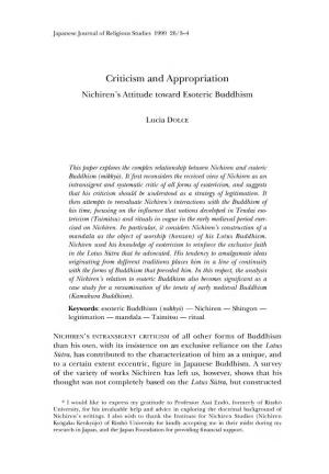 Criticism and Appropriation: Nichiren's Attitude Toward Esoteric Buddhism