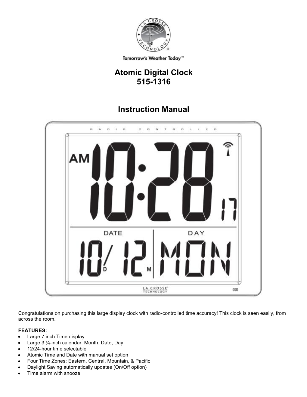 Atomic Digital Clock 515-1316 Instruction Manual