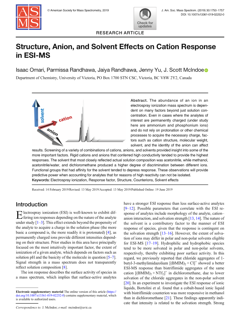 Structure, Anion, and Solvent Effects on Cation Response in ESI-MS