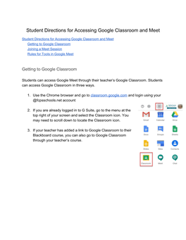 Student Directions for Accessing Google Classroom and Meet
