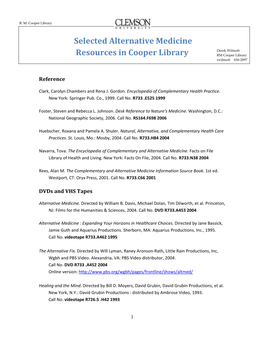 Selected Alternative Medicine Resources in Cooper Library