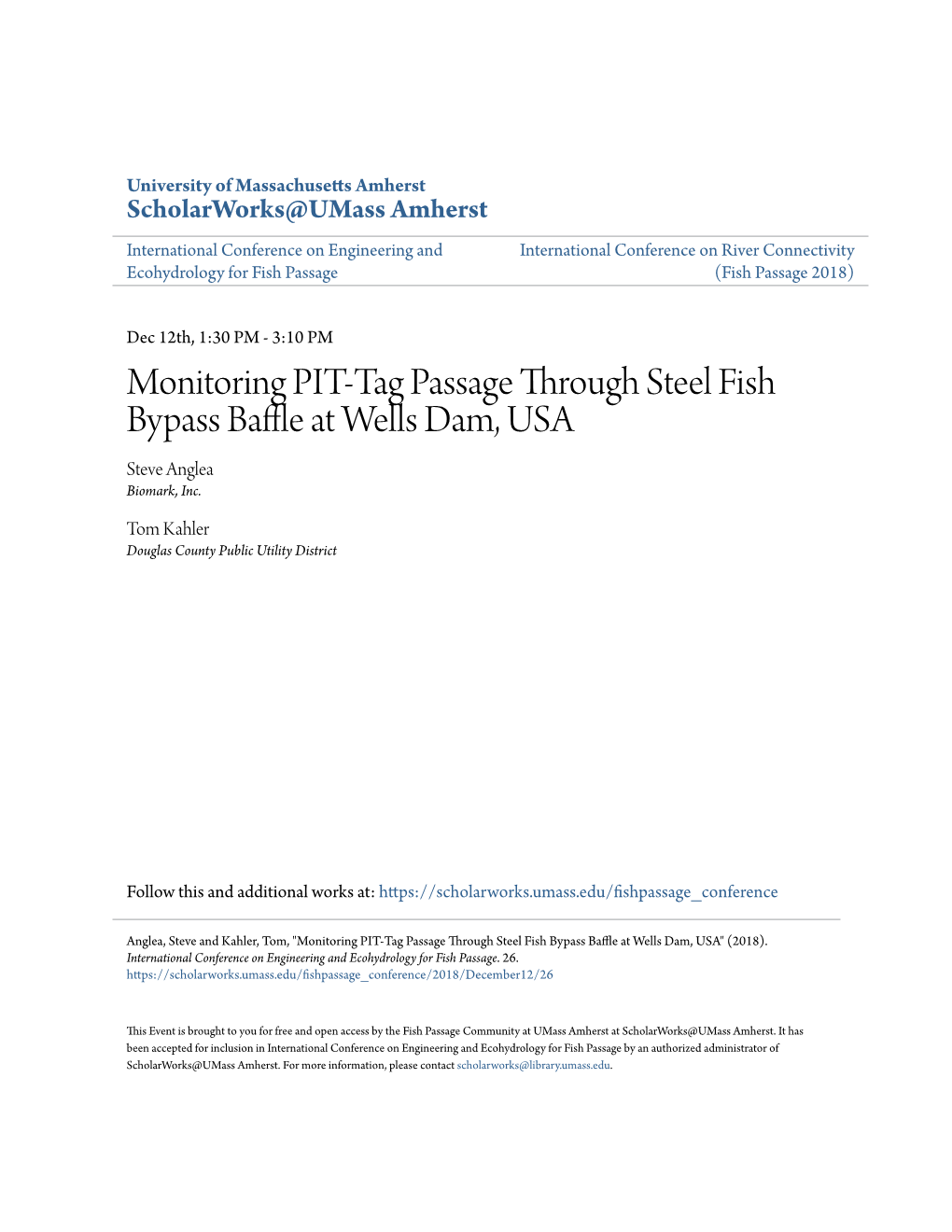 Monitoring PIT-Tag Passage Through Steel Fish Bypass Baffle at Wells