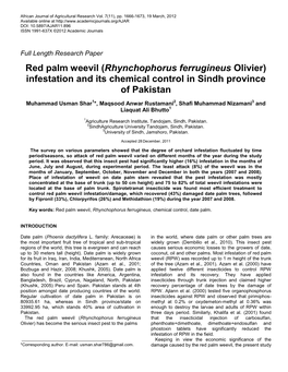 Red Palm Weevil (Rhynchophorus Ferrugineus Olivier) Infestation and Its Chemical Control in Sindh Province of Pakistan