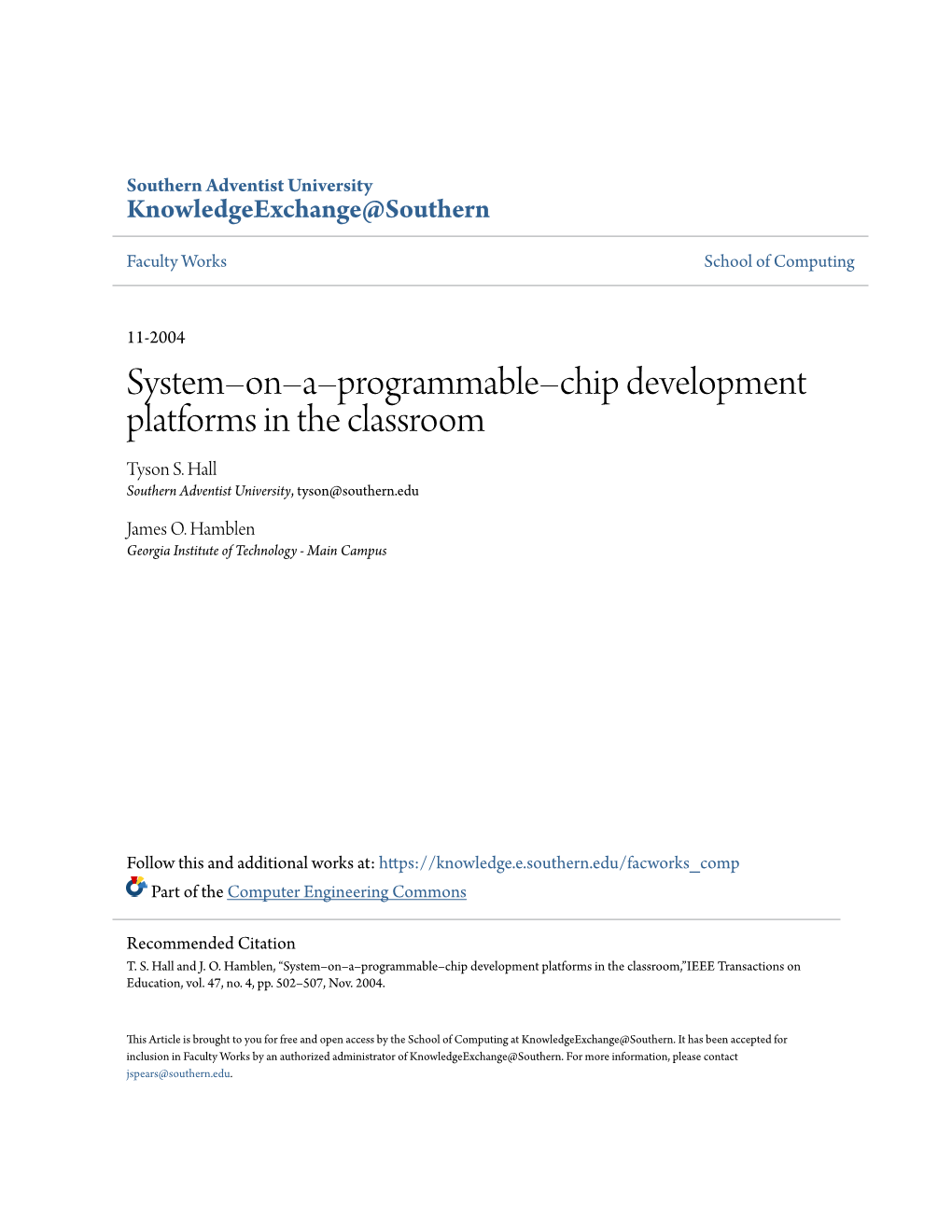 System–On–A–Programmable–Chip Development Platforms in the Classroom Tyson S