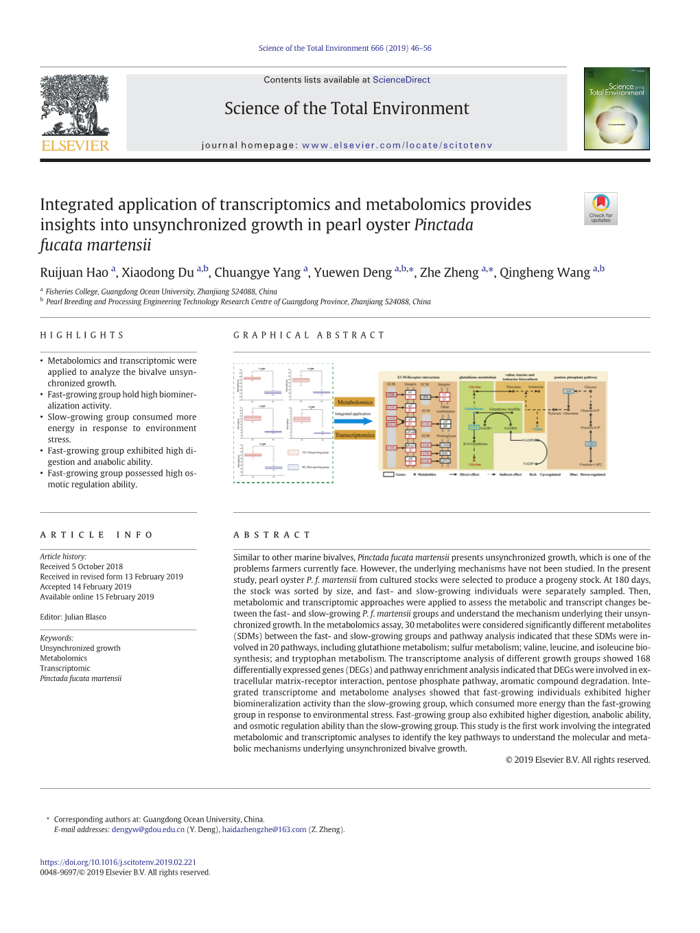 Integrated Application of Transcriptomics and Metabolomics Provides Insights Into Unsynchronized Growth in Pearl Oyster Pinctada Fucata Martensii