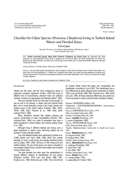 Checklist for Ciliate Species (Protozoa, Ciliophora) Living in Turkish Inland Waters and Flooded Zones