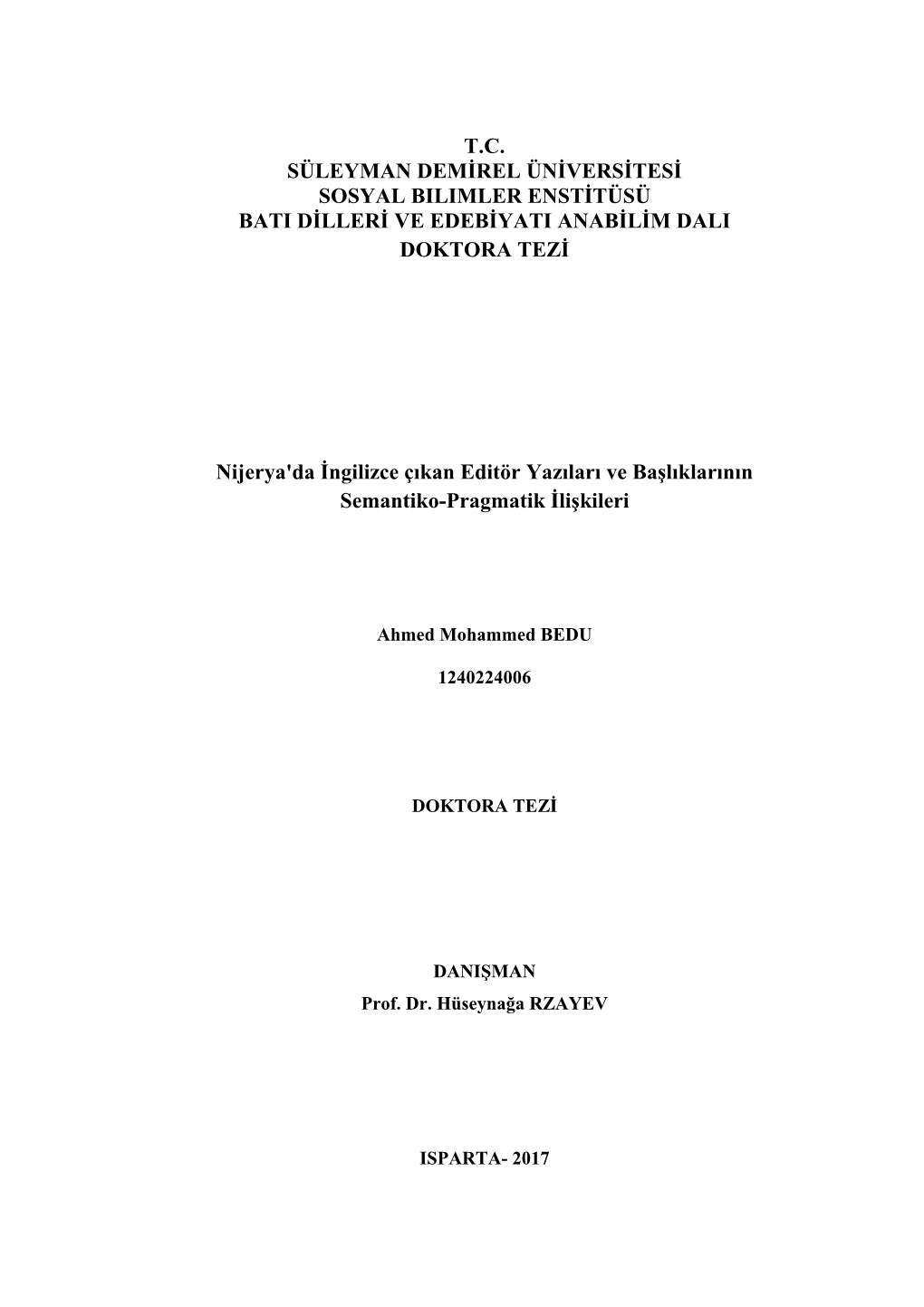 T.C. Süleyman Demirel Üniversitesi Sosyal Bilimler Enstitüsü Bati Dilleri Ve Edebiyati Anabilim Dali Doktora Tezi