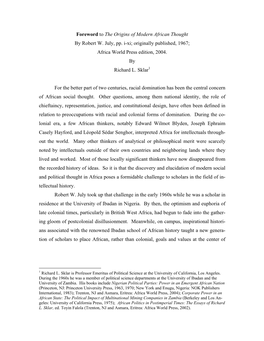Foreword to the Origins of Modern African Thought by Robert W