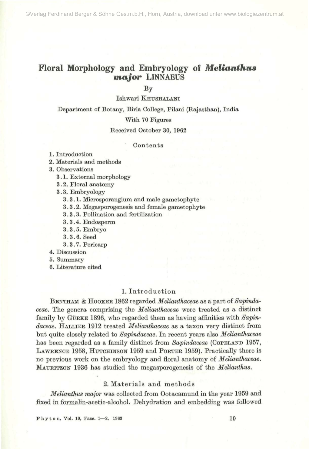 Floral Morphology and Embryology of Melianthus Major LINNAEUS