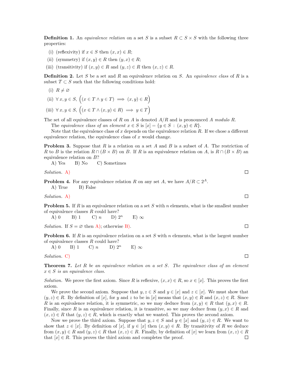 Definition 1. an Equivalence Relation on a Set S Is a Subset R ⊂ S × S