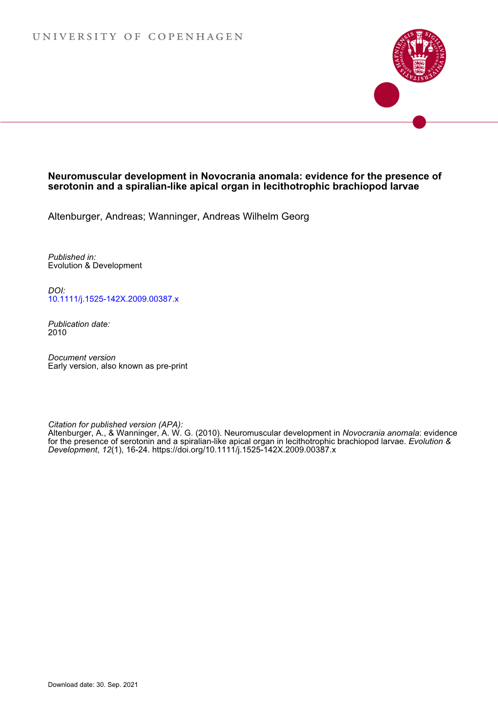 Neuromuscular Development in Novocrania Anomala: Evidence for the Presence of Serotonin and a Spiralian-Like Apical Organ in Lecithotrophic Brachiopod Larvae