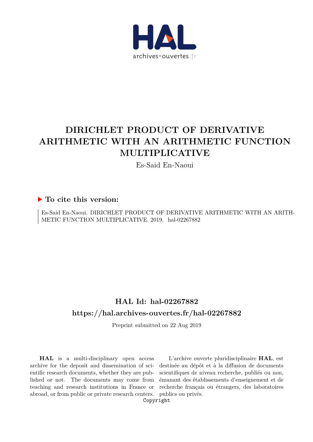 DIRICHLET PRODUCT of DERIVATIVE ARITHMETIC with an ARITHMETIC FUNCTION MULTIPLICATIVE Es-Said En-Naoui