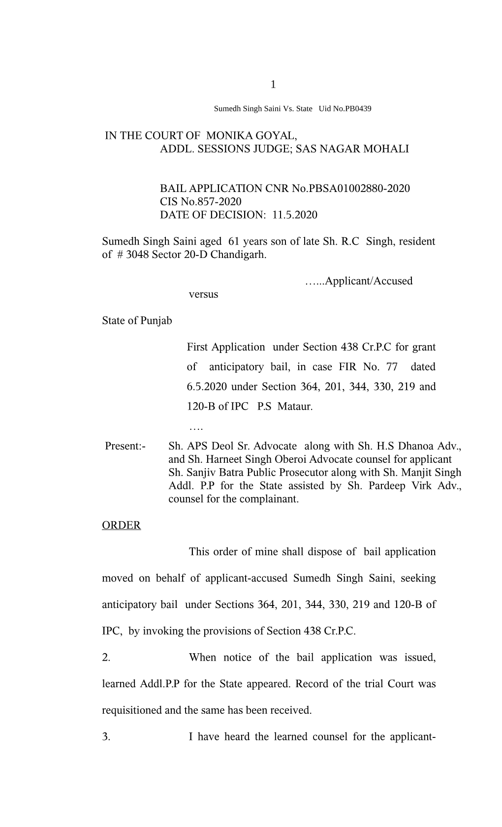 BAIL APPLICATION CNR No.PBSA01002880-2020 CIS No.857-2020 DATE of DECISION: 11.5.2020