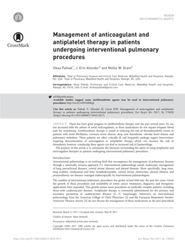 Management of Anticoagulant and Antiplatelet Therapy in Patients Undergoing Interventional Pulmonary Procedures