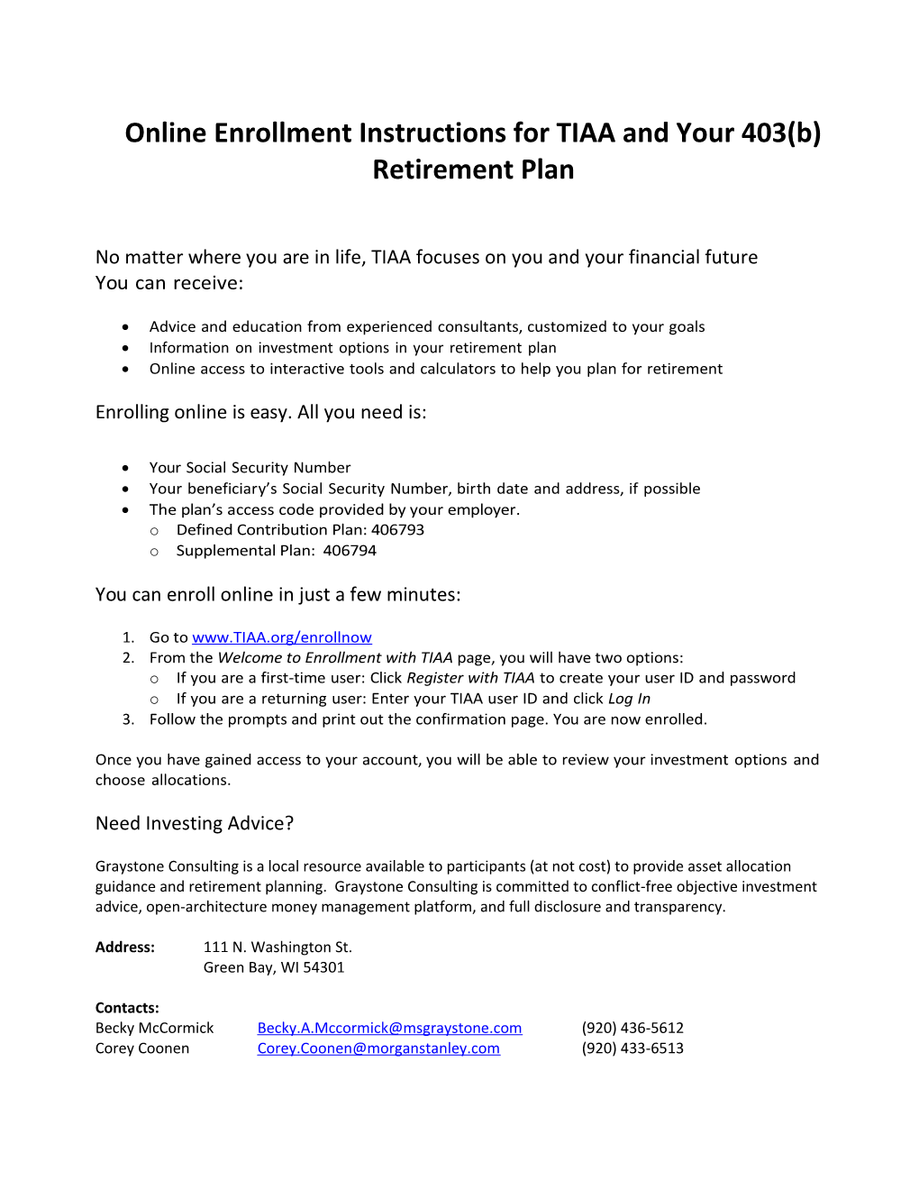 Online Enrollment Instructions for TIAA and Your 403(B) Retirement Plan