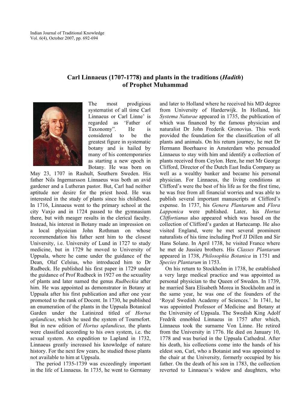 Carl Linnaeus (1707-1778) and Plants in the Traditions (Hadith) of Prophet Muhammad
