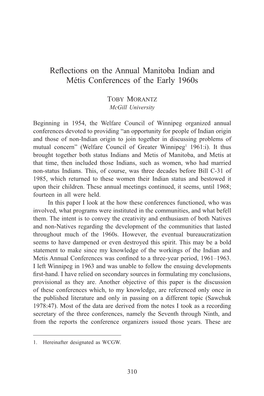 Reflections on the Annual Manitoba Indian and Métis Conferences of the Early 1960S