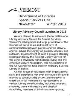 Department of Libraries Special Services Unit Newsletter Winter 2013