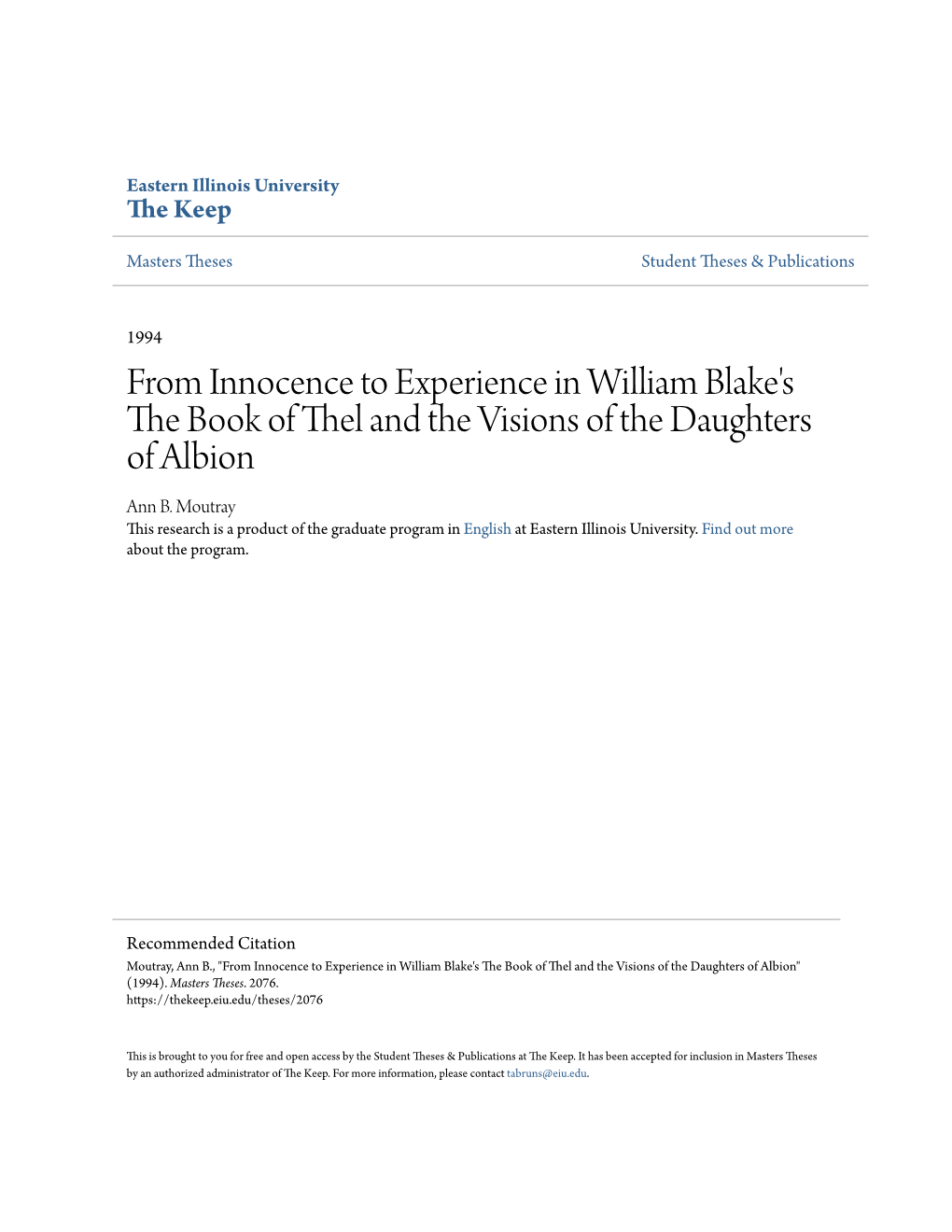 From Innocence to Experience in William Blake's the Book of Thel and the Visions of the Daughters of Albion