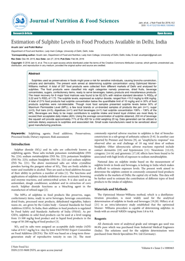 Estimation of Sulphite Levels in Food Products Available in Delhi, India