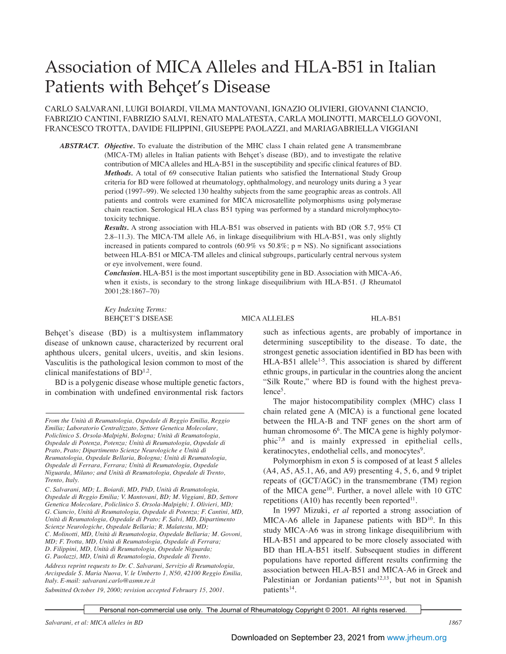 Association of MICA Alleles and HLA-B51 in Italian Patients With