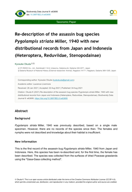 Re-Description of the Assassin Bug Species Pygolampis Striata Miller