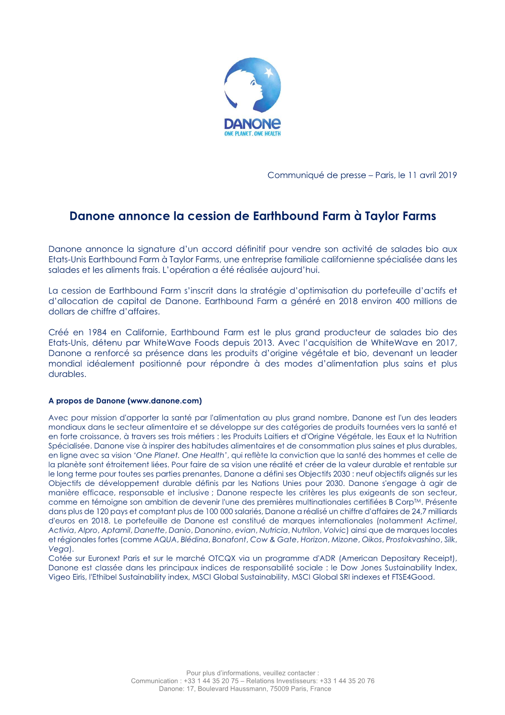 Danone Annonce La Cession De Earthbound Farm À Taylor Farms