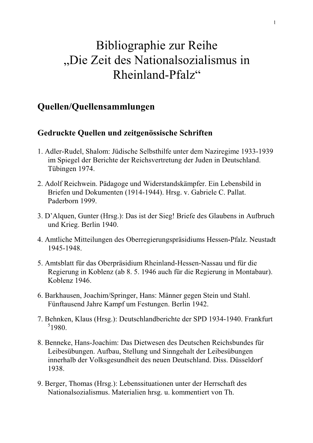 Bibliographie Zur Reihe „Die Zeit Des Nationalsozialismus in Rheinland-Pfalz“