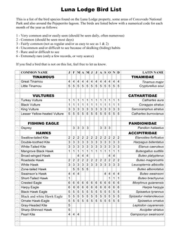 Luna Lodge Bird List