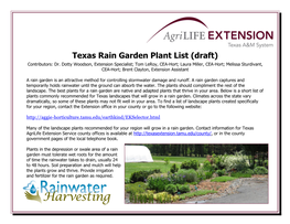 Texas Rain Garden Plant List (Draft) Contributors: Dr