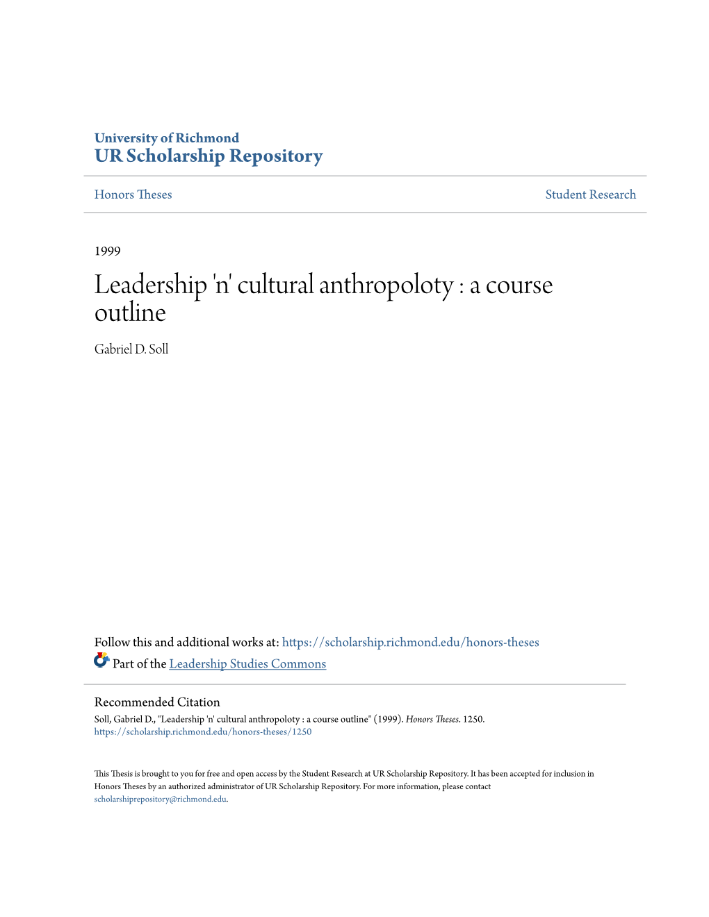 Cultural Anthropoloty : a Course Outline Gabriel D