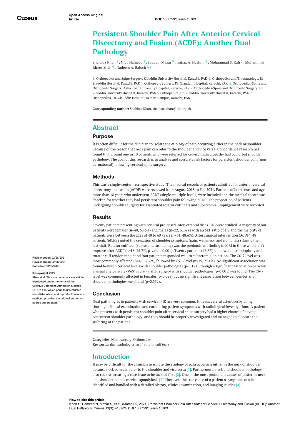 Persistent Shoulder Pain After Anterior Cervical Discectomy and Fusion (ACDF): Another Dual Pathology