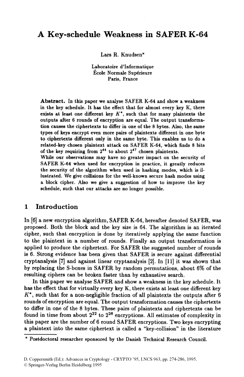 A Key-Schedule Weakness in SAFER K-64