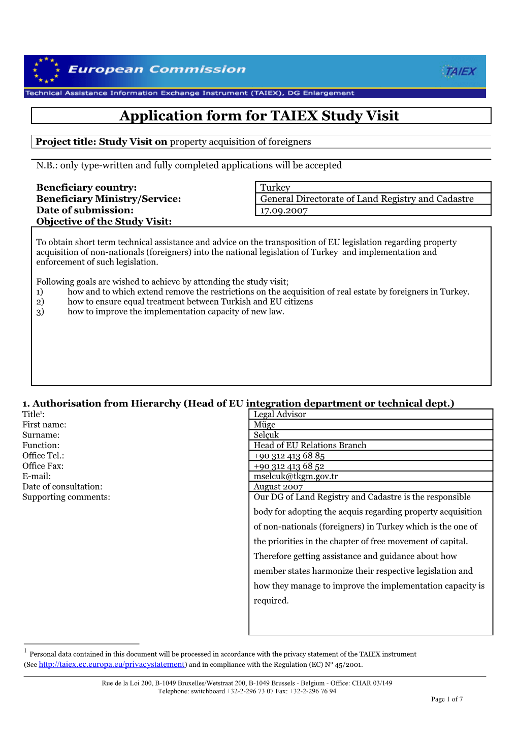 Application Form for TAIEX Study Visit