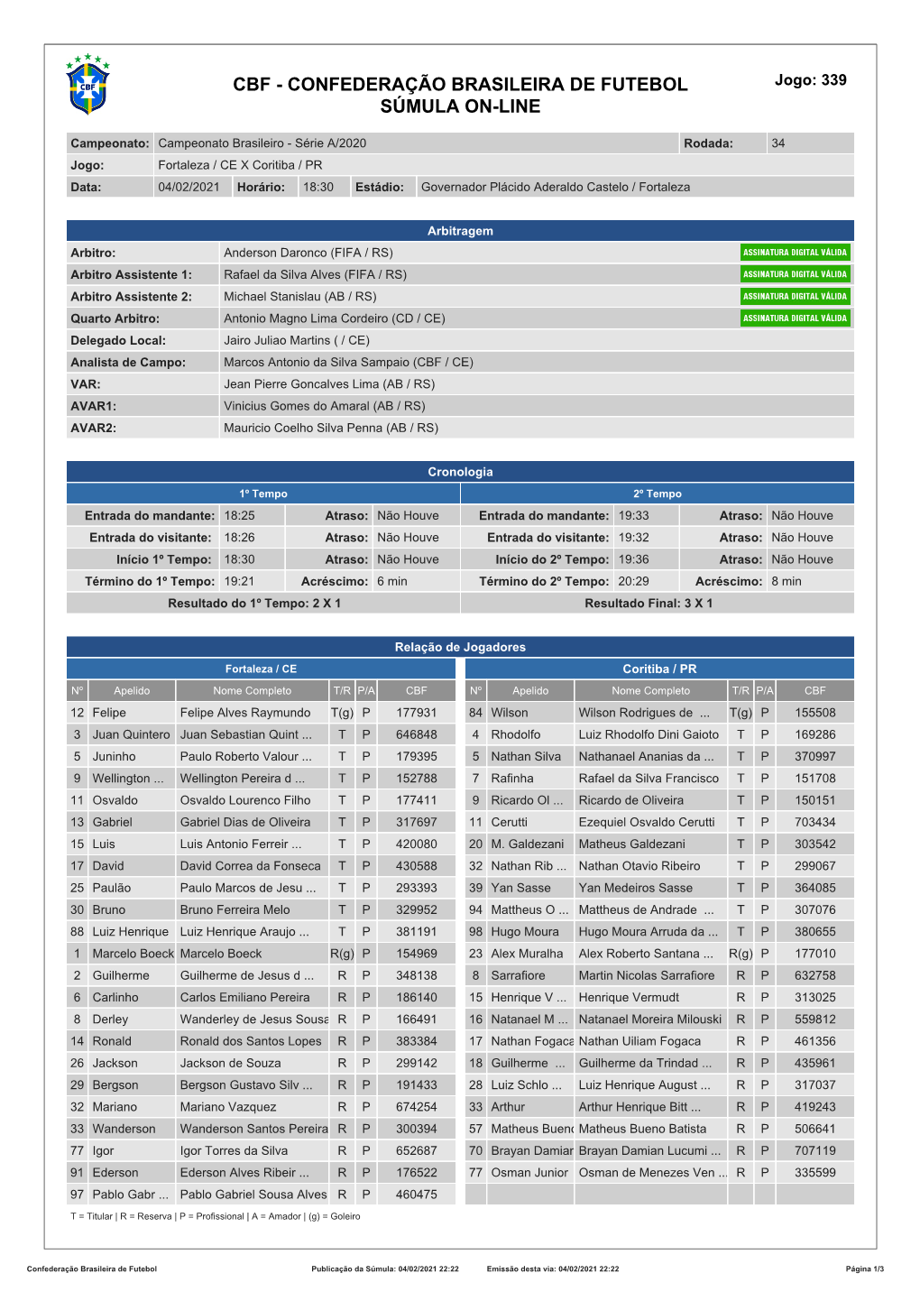 CBF - CONFEDERAÇÃO BRASILEIRA DE FUTEBOL Jogo: 339 SÚMULA ON-LINE