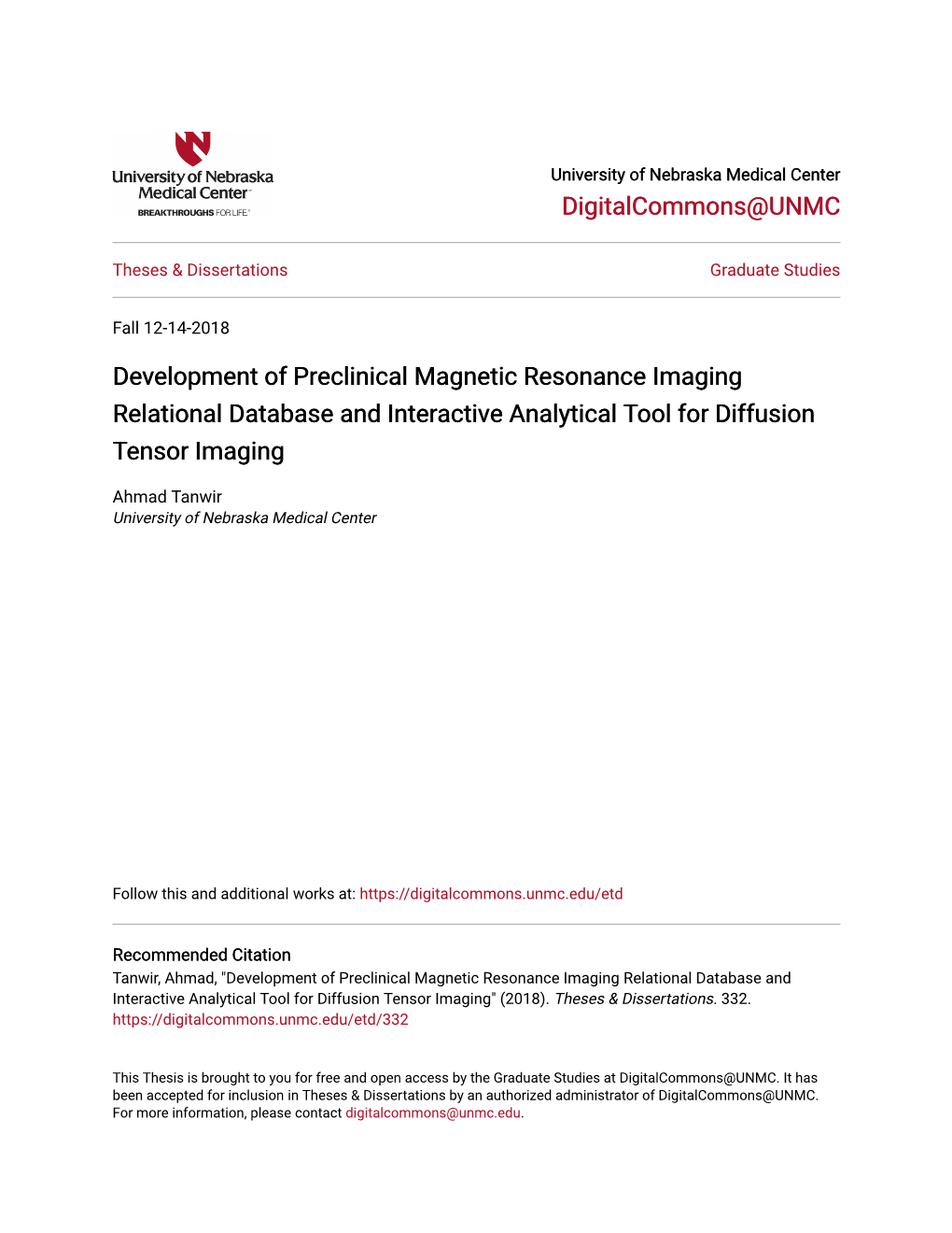 Development of Preclinical Magnetic Resonance Imaging Relational Database and Interactive Analytical Tool for Diffusion Tensor Imaging