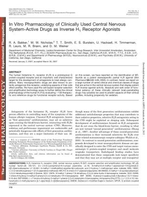 In Vitro Pharmacology of Clinically Used Central Nervous System-Active Drugs As Inverse H1 Receptor Agonists