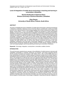 Level of Integration of Mobile Device Technology in Teaching and Learning in Universities in Botswana Norman Rudhumbu & Daim