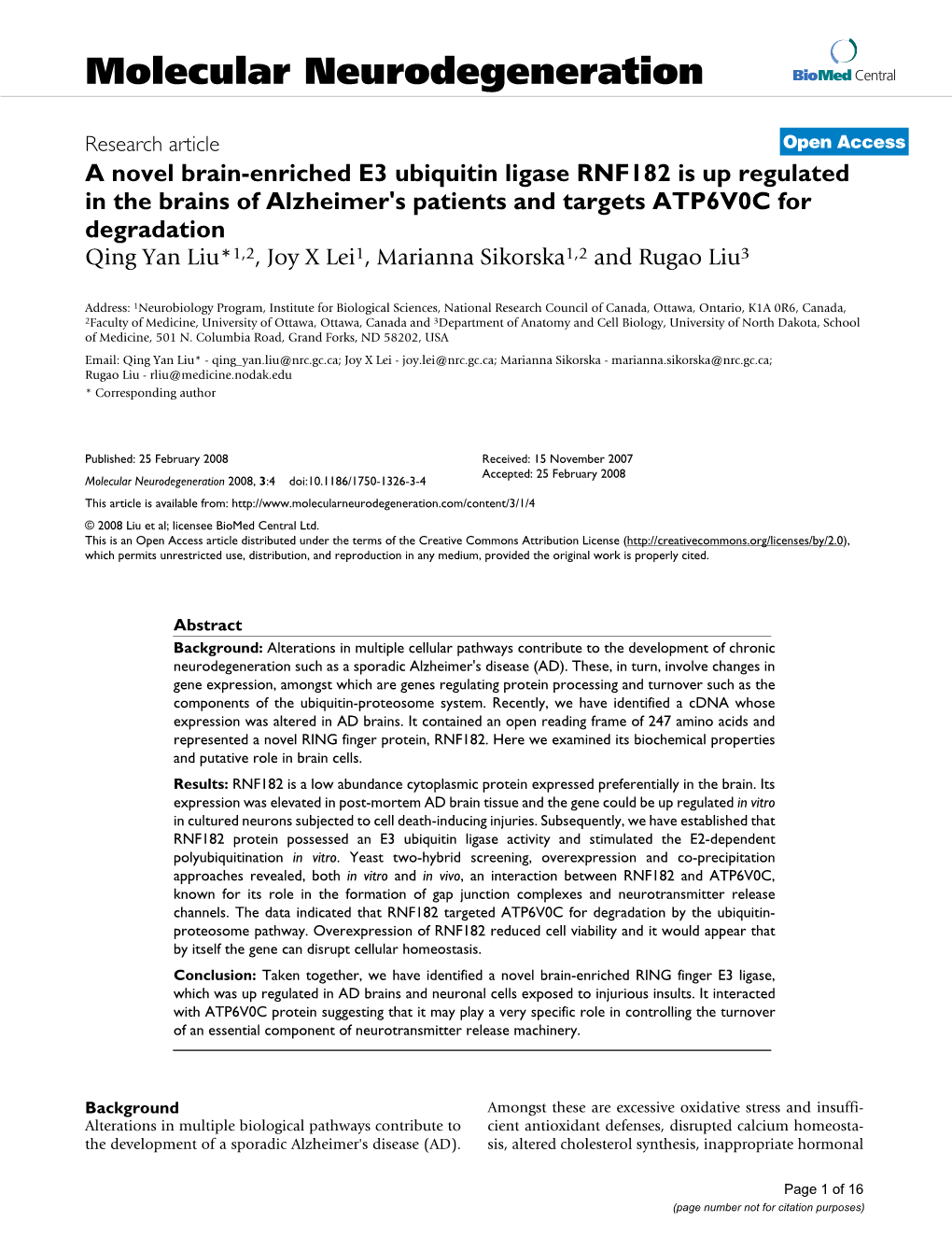 A Novel Brain-Enriched E3 Ubiquitin Ligase RNF182 Is up Regulated In