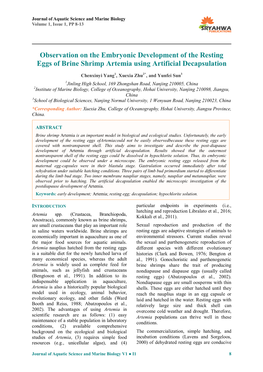 Observation on the Embryonic Development of the Resting Eggs of Brine Shrimp Artemia Using Artificial Decapsulation