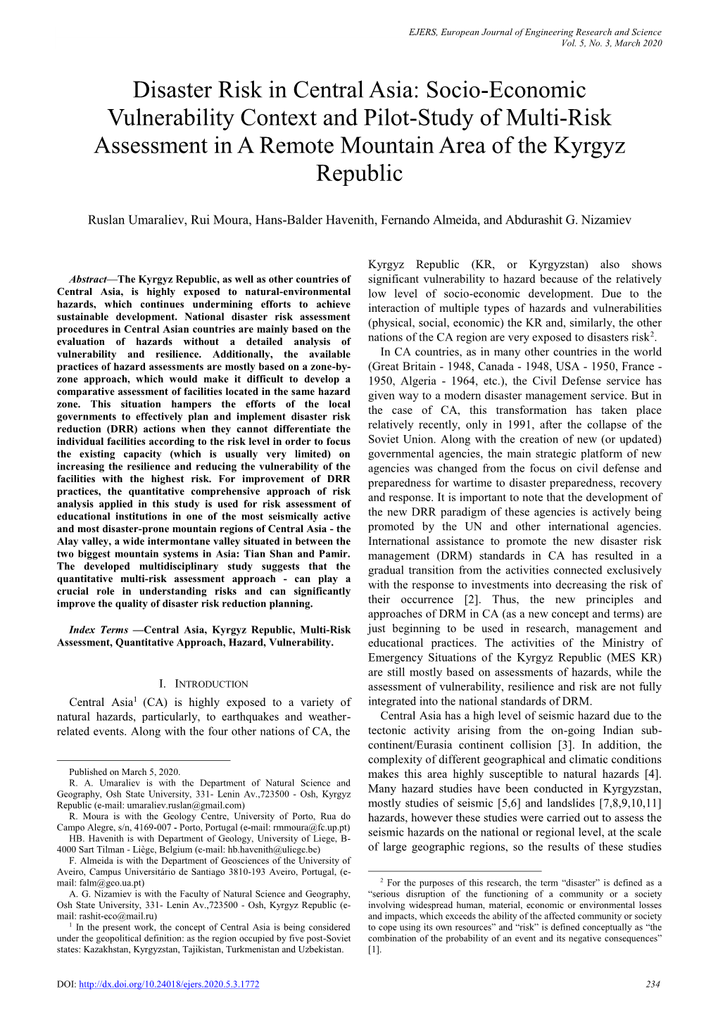 Disaster Risk in Central Asia: Socio-Economic Vulnerability Context and Pilot-Study of Multi-Risk Assessment in a Remote Mountain Area of the Kyrgyz Republic