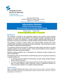 Information Bulletin COVID-19 Facility Operations Recommendations for Aquatic Staff Training