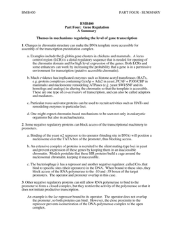 SUMMARY BMB400 Part Four: Gene Regulation a Summary Themes In