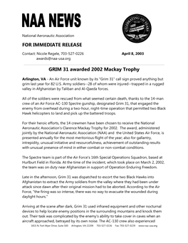 FOR IMMEDIATE RELEASE GRIM 31 Awarded 2002 Mackay Trophy