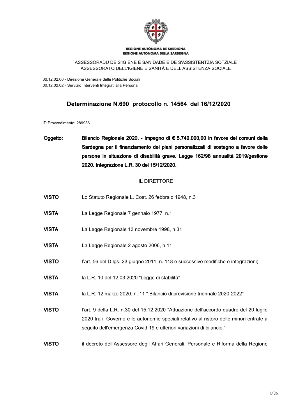 Determinazione N.690 Protocollo N. 14564 Del 16/12/2020