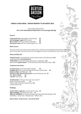 Sample Lunch Menu – Served Monday to Saturday 2018