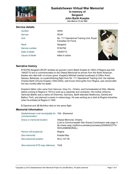 Saskatchewan Virtual War Memorial in Memory of Sergeant John Barth Koepke Who Died on 13 Jul 1943