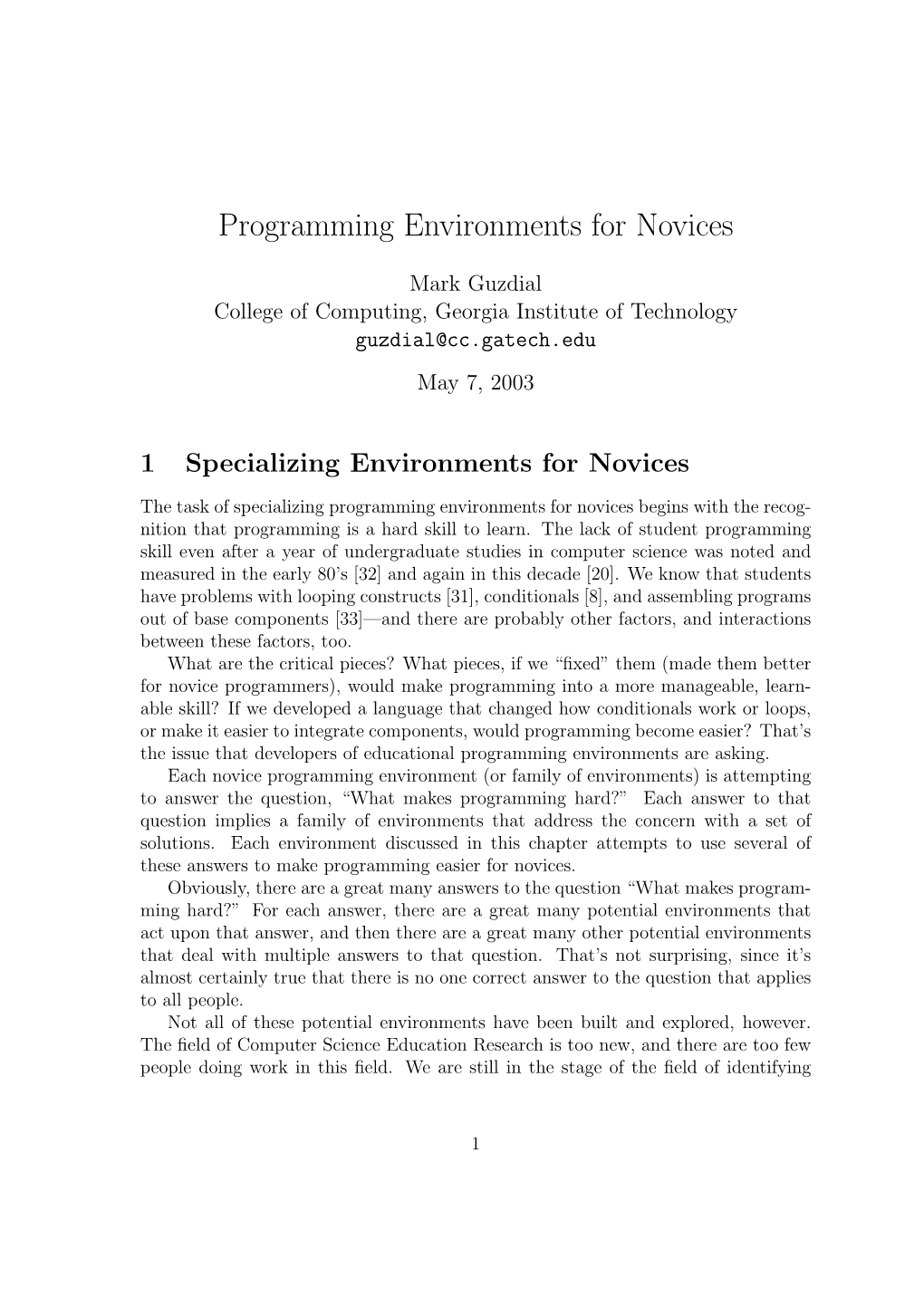 Programming Environments for Novices