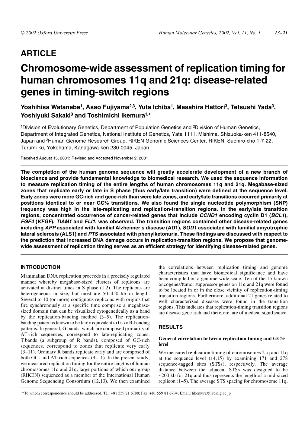 Chromosome-Wide Assessment of Replication Timing for Human Chromosomes 11Q and 21Q: Disease-Related Genes in Timing-Switch Regions